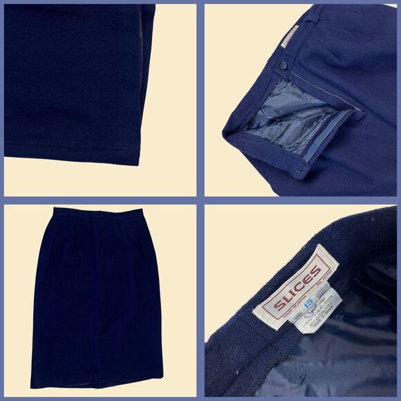 1970s wool midi skirt by Slices, size 13 vintage blue skirt w/ front pocket - Picture 3 of 10